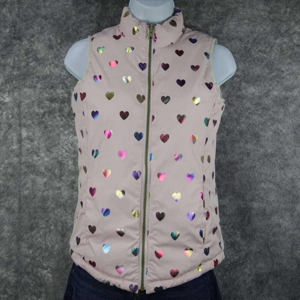 Gap Puffer Vest Girls L/XL Womens XS Off White Pink Metallic Iridescent Heart